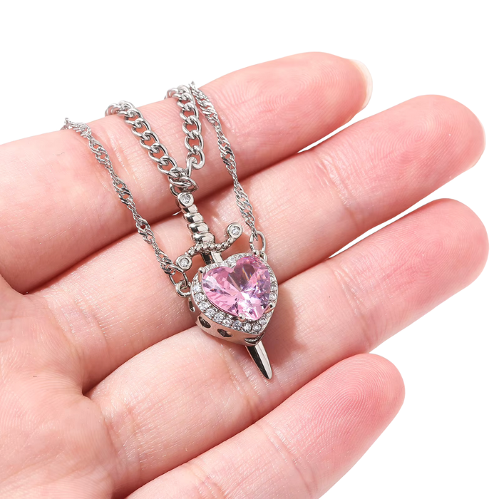 Heart and Sword Couple Necklace (Pink)